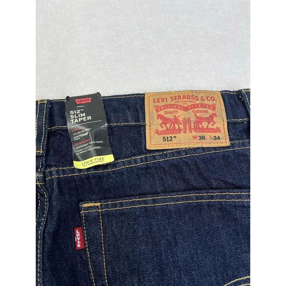 Levis 512 Slim Taper Flex Eco Stretch Denim Dark Blue Mens Size 36x34 New